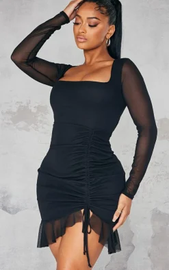 Shape Long Sleeve Mesh Ruched Side Frill Hem Bodycon Dress-PrettyLittleThing Online