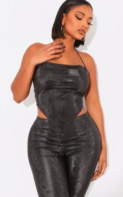 PrettyLittleThing Shape Matte Faux Leather Snake Halterneck Top Black