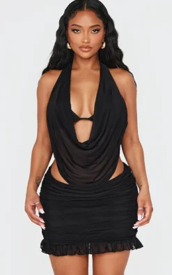 Clearance PrettyLittleThing Shape Mesh Frill Hem Ruched Mini Skirt Black
