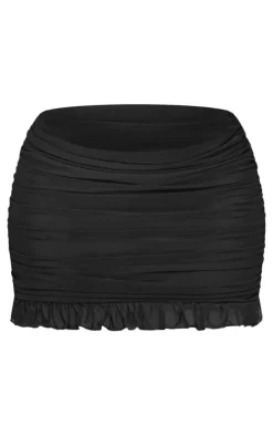 Clearance PrettyLittleThing Shape Mesh Frill Hem Ruched Mini Skirt Black