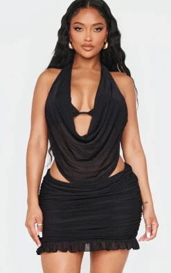 Discount PrettyLittleThing Shape Mesh Halter Cowl Neck Top Black