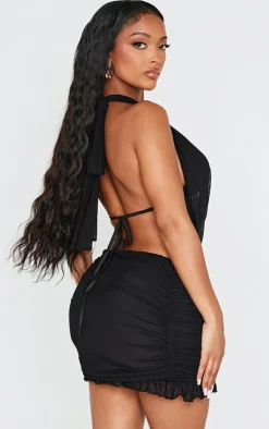 Discount PrettyLittleThing Shape Mesh Halter Cowl Neck Top Black