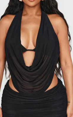Discount PrettyLittleThing Shape Mesh Halter Cowl Neck Top Black