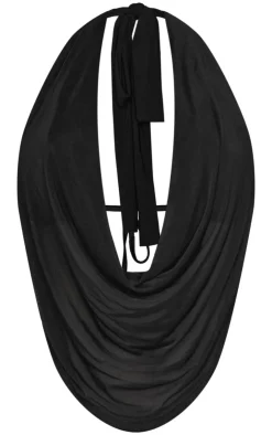 Discount PrettyLittleThing Shape Mesh Halter Cowl Neck Top Black
