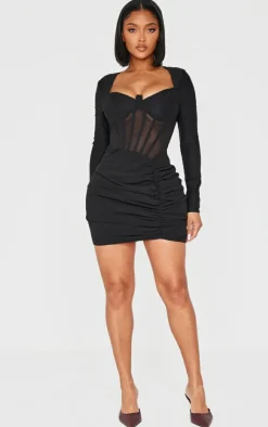 Shape Mesh Insert Corseted Ruched Side Mini Dress-PrettyLittleThing Discount