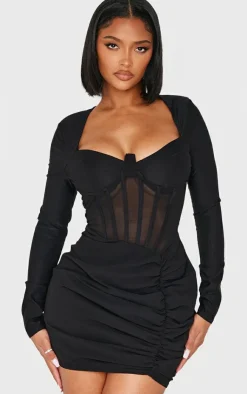 Shape Mesh Insert Corseted Ruched Side Mini Dress-PrettyLittleThing Discount