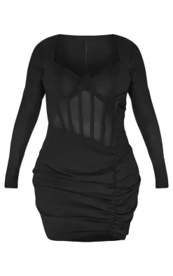 Shape Mesh Insert Corseted Ruched Side Mini Dress-PrettyLittleThing Discount