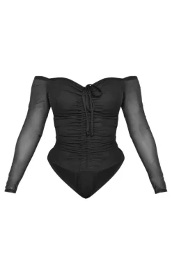 Shape Black Mesh Long Sleeve Ruched Bodysuit