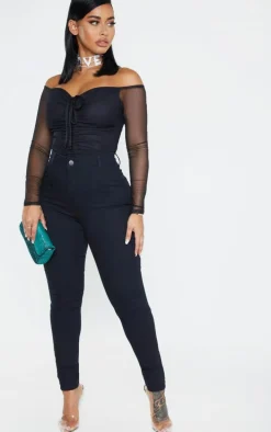 Shape Black Mesh Long Sleeve Ruched Bodysuit