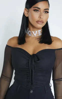 Shape Black Mesh Long Sleeve Ruched Bodysuit