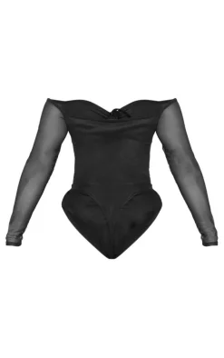 Shape Black Mesh Long Sleeve Ruched Bodysuit
