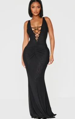 Shape Mesh Plunge Front Lace Up Maxi Dress-PrettyLittleThing Best