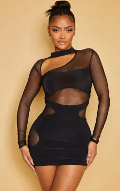 Shape Mesh Slinky Overlay Long Sleeve Bodycon Dress-PrettyLittleThing Best