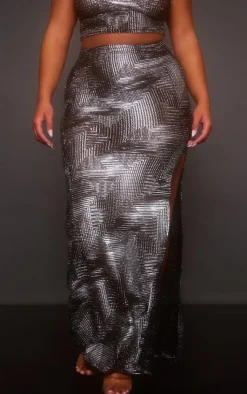 Discount PrettyLittleThing Shape Metallic Textured Split Side Maxi Skirt Black
