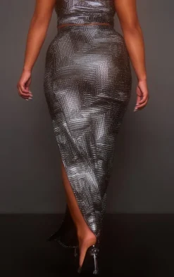 Discount PrettyLittleThing Shape Metallic Textured Split Side Maxi Skirt Black