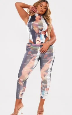 Best PrettyLittleThing Shape Newspaper Printed Leggings Black