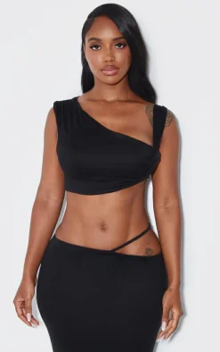 Discount PrettyLittleThing Shape One Shoulder Crop Top Black