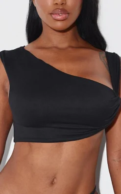 Discount PrettyLittleThing Shape One Shoulder Crop Top Black