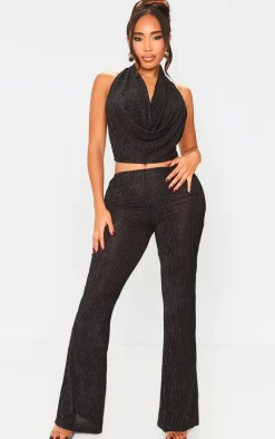 Online PrettyLittleThing Shape Plisse Glitter High Waist Wide Leg Pants Black