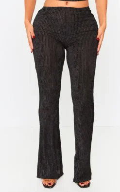 Online PrettyLittleThing Shape Plisse Glitter High Waist Wide Leg Pants Black
