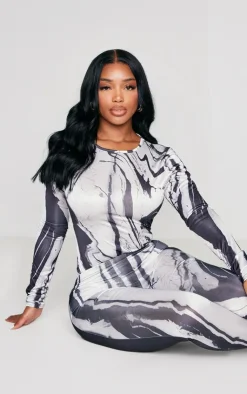 Best PrettyLittleThing Shape Printed Slinky Long Sleeve Bodysuit Black