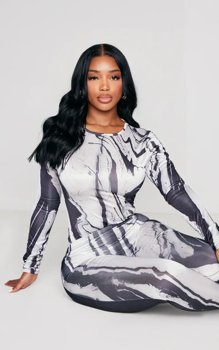 Best PrettyLittleThing Shape Printed Slinky Long Sleeve Bodysuit Black