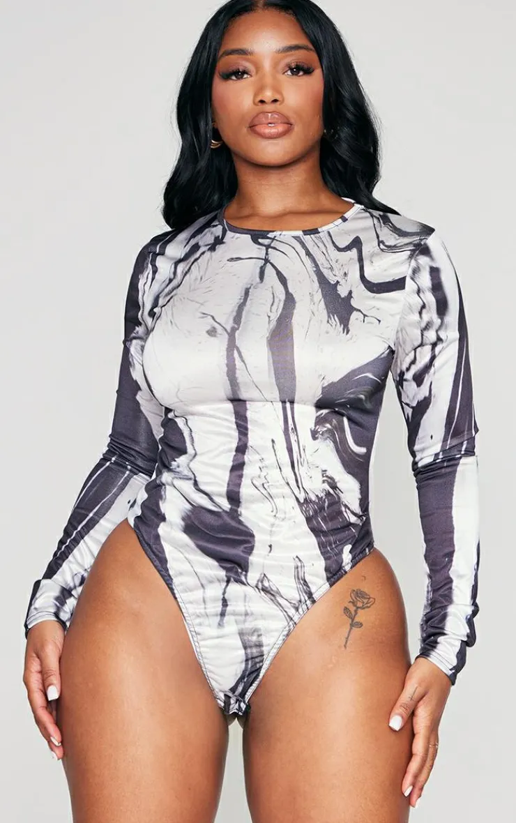 Best PrettyLittleThing Shape Printed Slinky Long Sleeve Bodysuit Black