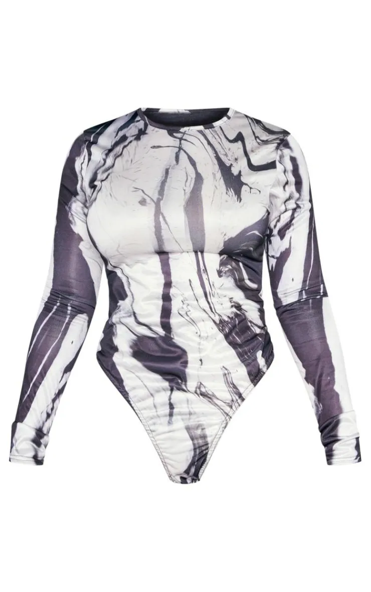 Best PrettyLittleThing Shape Printed Slinky Long Sleeve Bodysuit Black