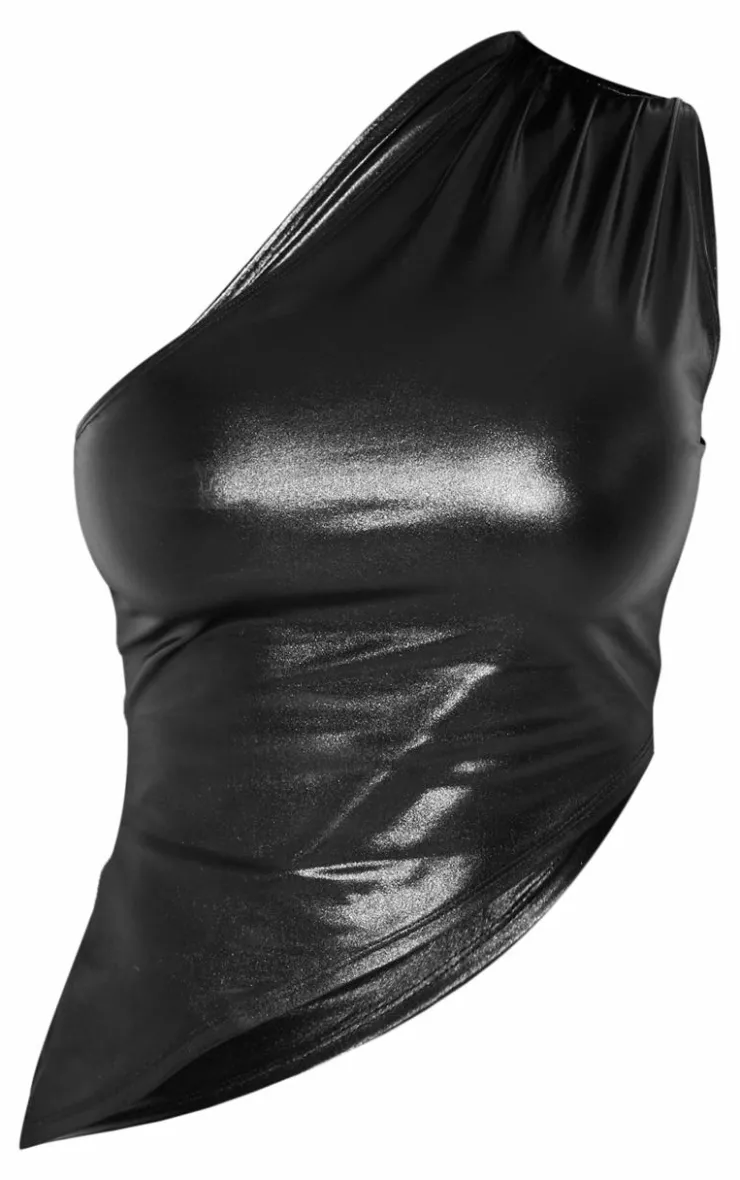 Best PrettyLittleThing Shape Pvc One Shoulder Dipped Hem Top Black