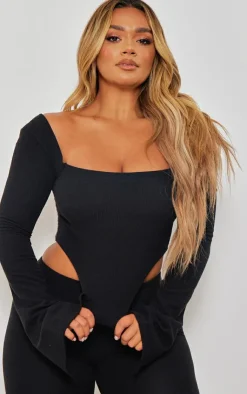 Discount PrettyLittleThing Shape Rib Bardot Flare Split Sleeve Crop Top Black