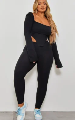 Discount PrettyLittleThing Shape Rib Bardot Flare Split Sleeve Crop Top Black