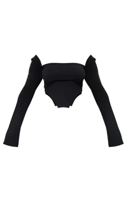 Discount PrettyLittleThing Shape Rib Bardot Flare Split Sleeve Crop Top Black