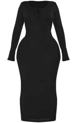 Shape Ribbed Button Front Long Sleeve Midaxi Dress-PrettyLittleThing Hot