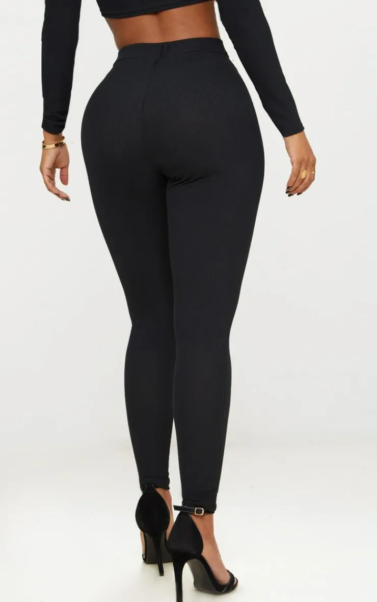 Clearance PrettyLittleThing Shape Ribbed High Waist Leggings Black