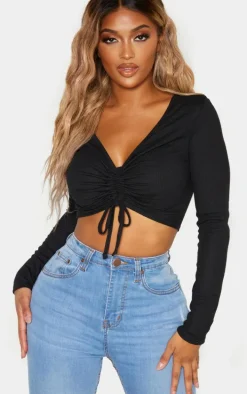 Shape Black Ribbed Long Sleeve Ruched Front Crop Top