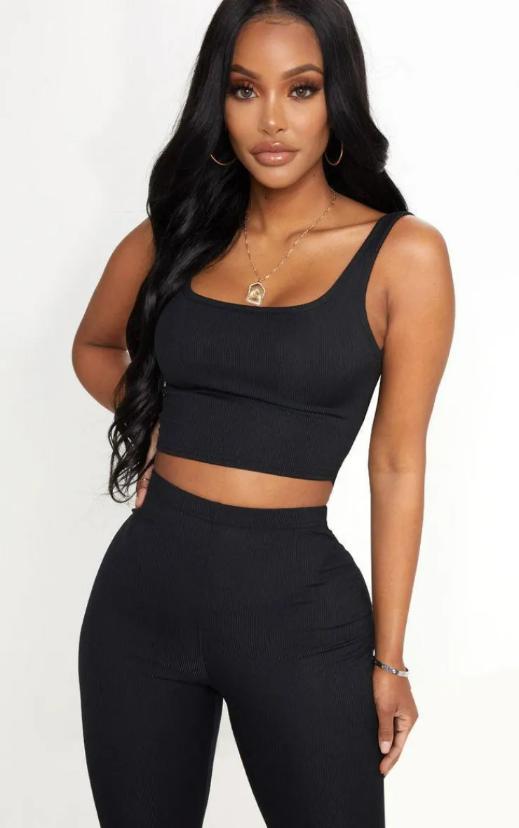 Best PrettyLittleThing Shape Ribbed Scoop Neck Crop Top Black