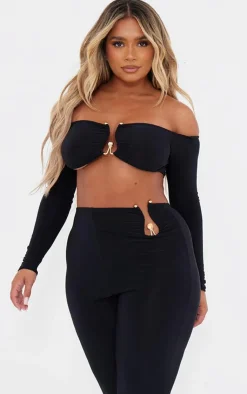 Clearance PrettyLittleThing Shape Ring Detail Bardot Crop Top Black