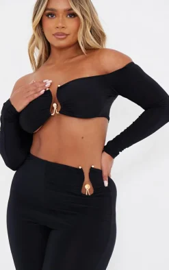 Clearance PrettyLittleThing Shape Ring Detail Bardot Crop Top Black