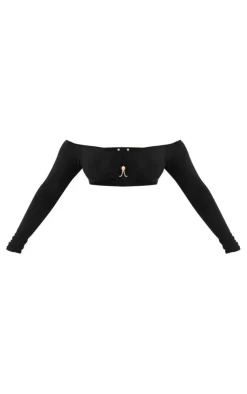 Clearance PrettyLittleThing Shape Ring Detail Bardot Crop Top Black