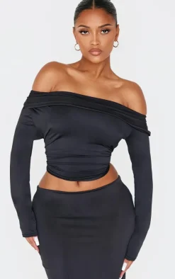 Online PrettyLittleThing Shape Sculpt Fold Over Bardot Long Sleeve Top Black