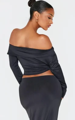 Online PrettyLittleThing Shape Sculpt Fold Over Bardot Long Sleeve Top Black