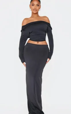 Online PrettyLittleThing Shape Sculpt Fold Over Bardot Long Sleeve Top Black