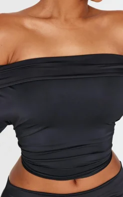 Online PrettyLittleThing Shape Sculpt Fold Over Bardot Long Sleeve Top Black