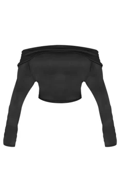 Online PrettyLittleThing Shape Sculpt Fold Over Bardot Long Sleeve Top Black