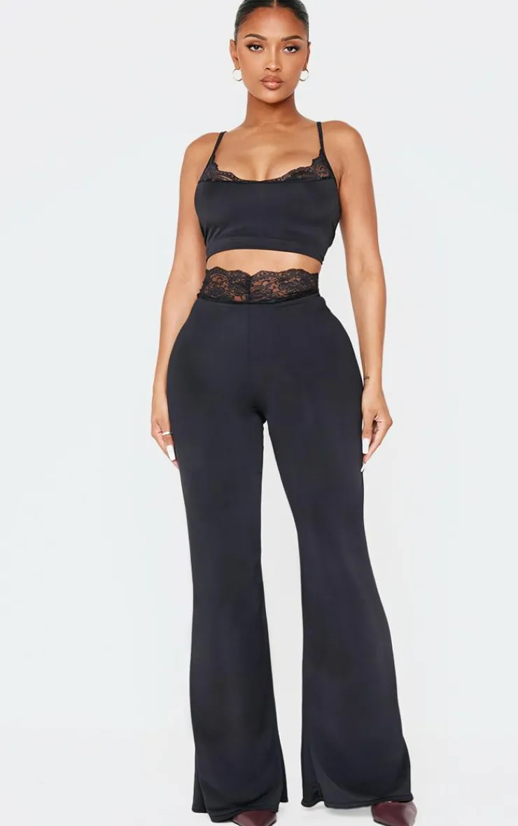 Hot PrettyLittleThing Shape Sculpt Lace Trim Flared Pants Black