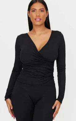 Sale PrettyLittleThing Shape Sculpt Long Sleeve Wrap Front Top Black