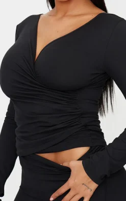 Sale PrettyLittleThing Shape Sculpt Long Sleeve Wrap Front Top Black
