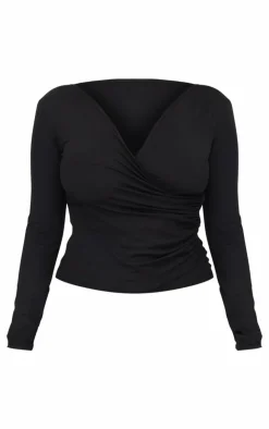 Sale PrettyLittleThing Shape Sculpt Long Sleeve Wrap Front Top Black