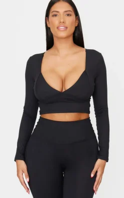 Outlet PrettyLittleThing Shape Sculpt Plunge Front Long Sleeve Top Black