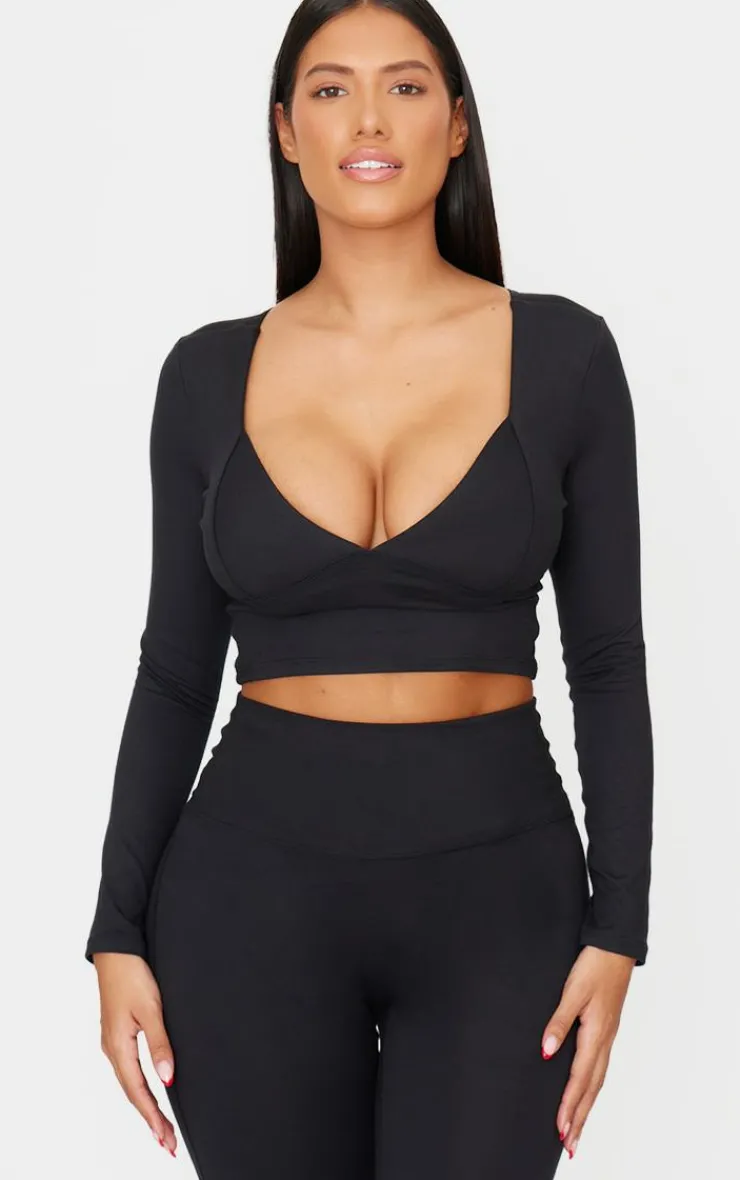 Outlet PrettyLittleThing Shape Sculpt Plunge Front Long Sleeve Top Black